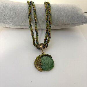 Green Gold Tone Rhinestone Peacock Pendant Necklace Bohemian Statement Jewelry